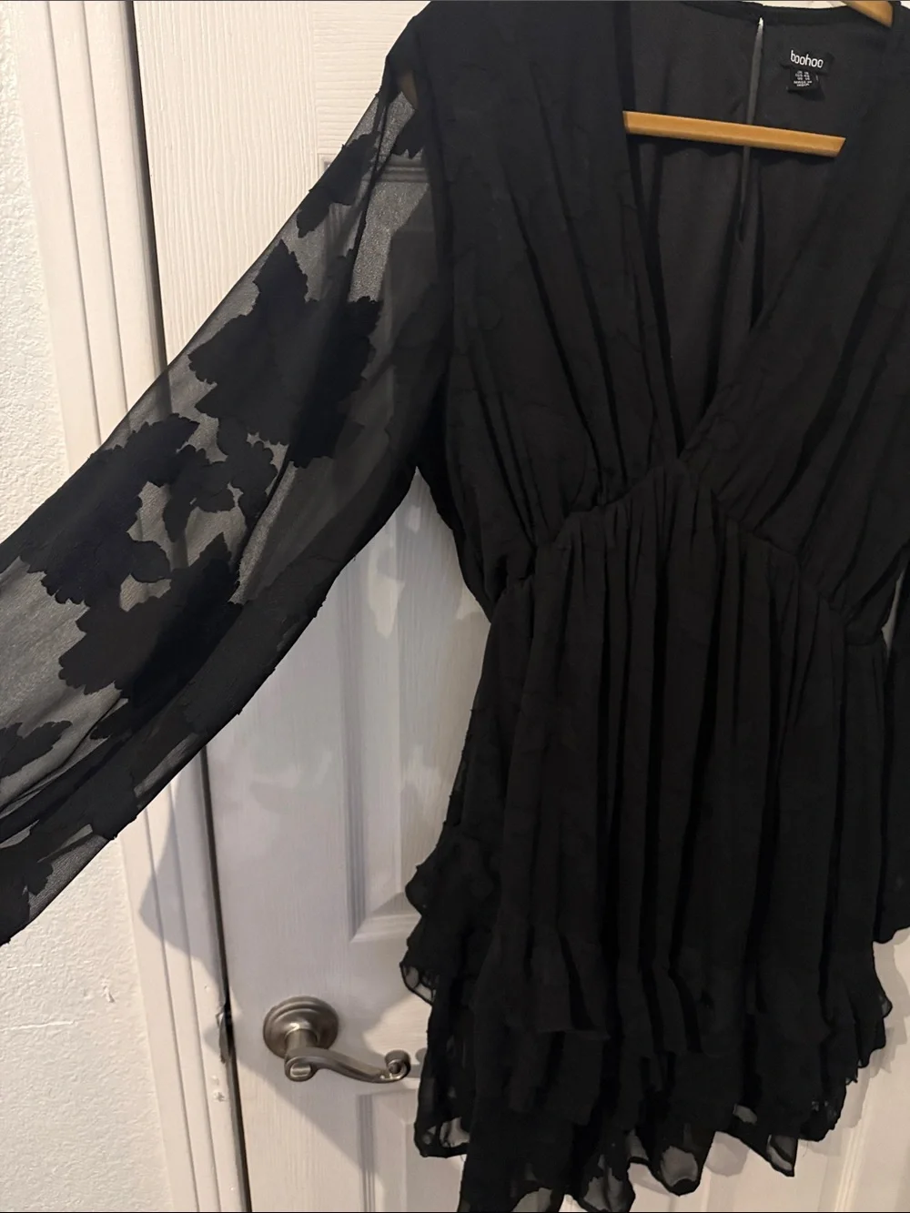 Boohoo Black Sheer V‑Neck Long‑Sleeve Ruffle Dress